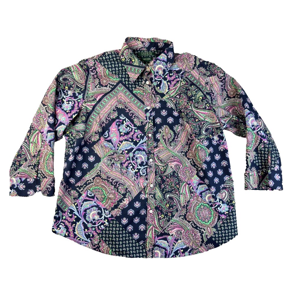Lauren Ralph Lauren Shirt Womens 1X Patchwork Paisley Floral Long Sleeve Buttons